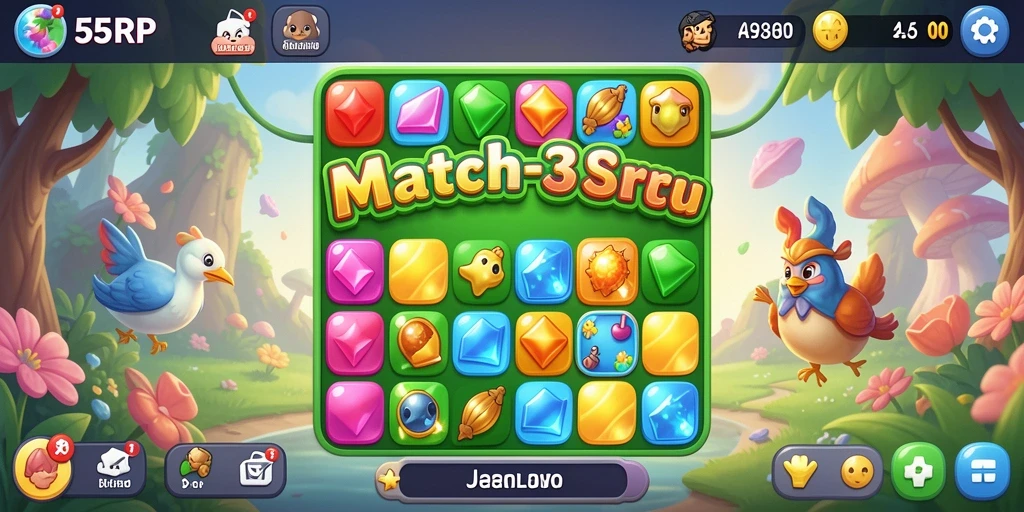Tangkapan layar gameplay 55RP yang menampilkan aksi Match-3 yang menawan.