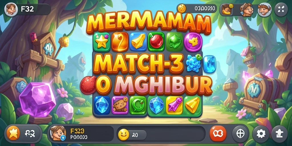 Tampilan gameplay menarik dari F32 dengan objek berwarna-warni dalam permainan Match-3.