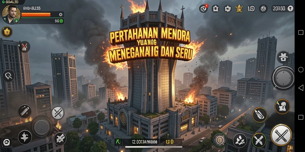 Screenshot gameplay menunjukkan pertahanan menara yang strategis di GOAL55.
