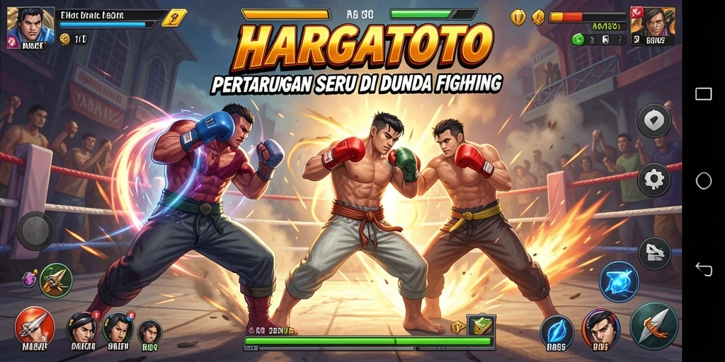 Tampilan screenshot HARGATOTO menampilkan duel seru antara karakter dengan aksi Fighting intens.