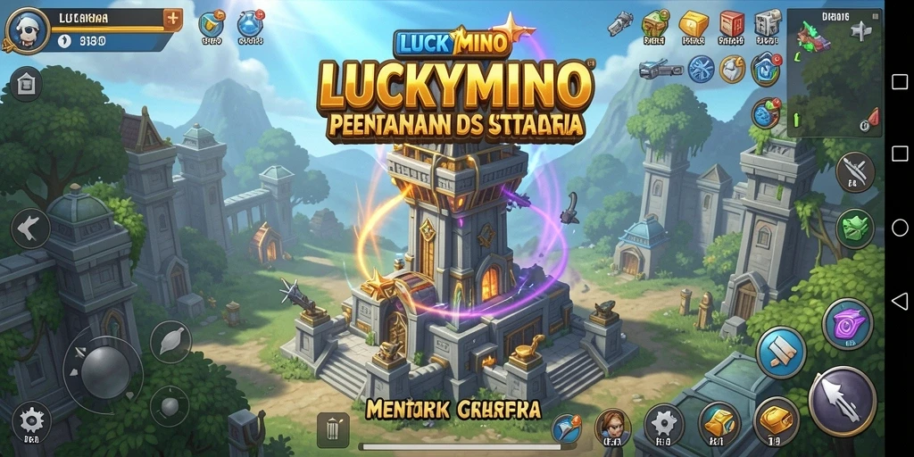 Tangkapan layar gameplay LUCKYMINO yang menampilkan pertahanan menara strategis.