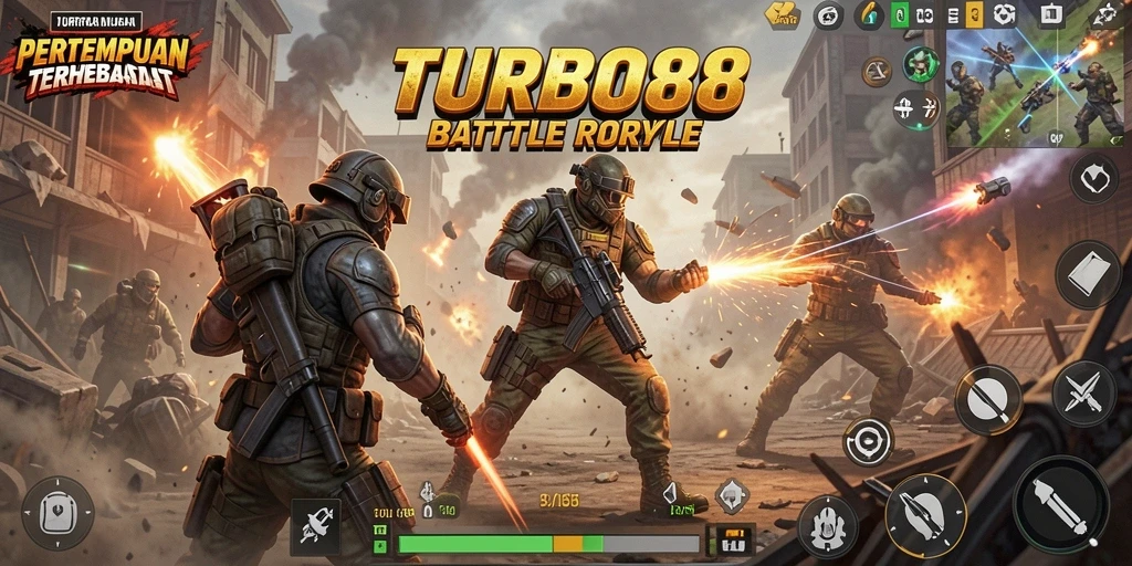 Menampilkan aksi intens gameplay TURBO88 dalam Battle Royale.